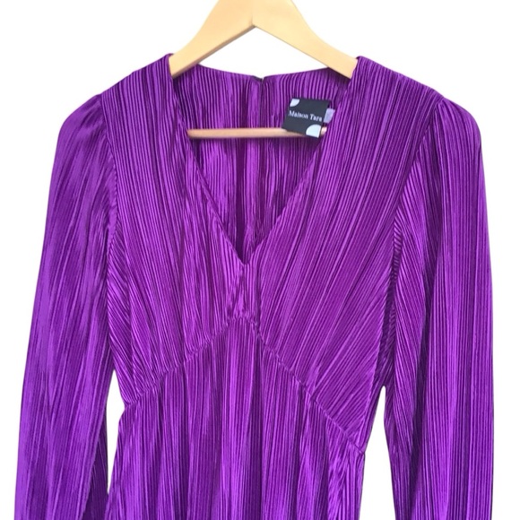 Maison Tara Purple Plisse Long Sleeve Dress Size 4 NEW - Picture 4 of 8
